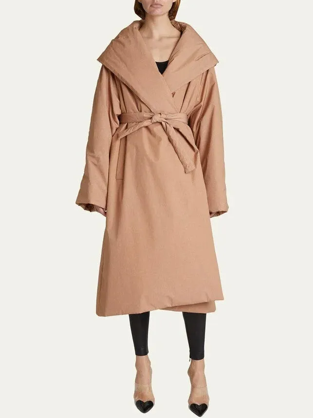 Belted Padded Wrap Coat in Beige
