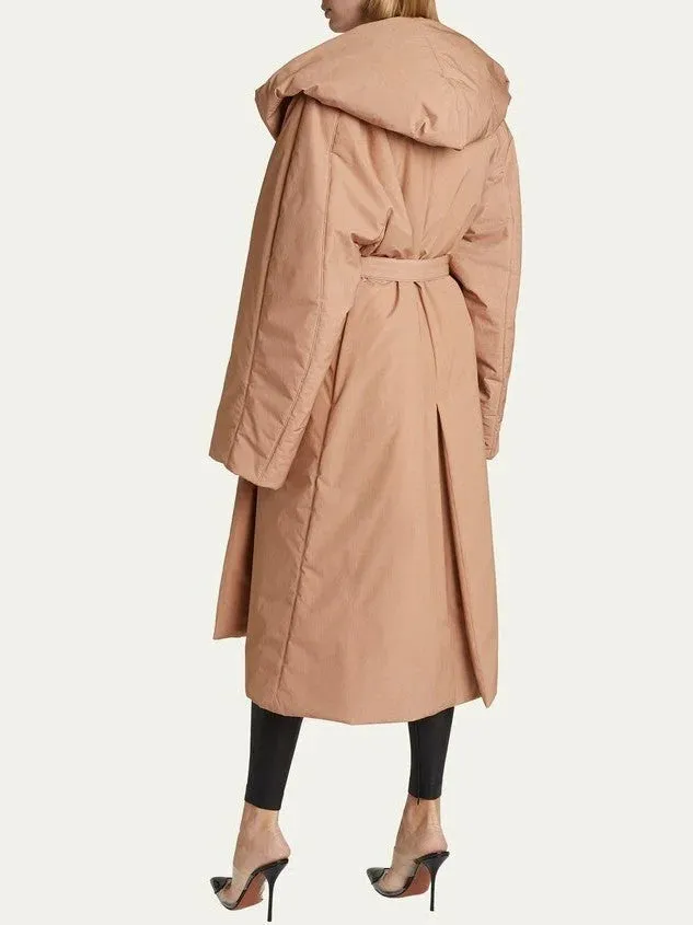 Belted Padded Wrap Coat in Beige