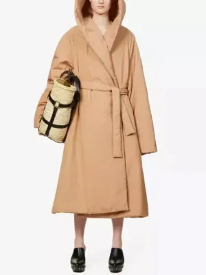 Belted Padded Wrap Coat in Beige