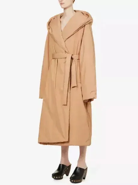 Belted Padded Wrap Coat in Beige