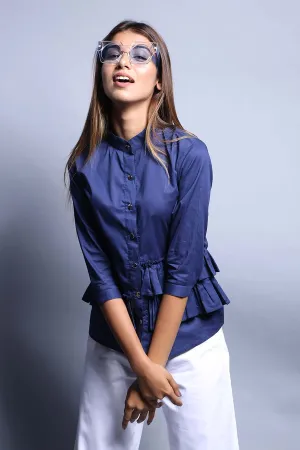Blue Cotton Ruffled Shirt Top