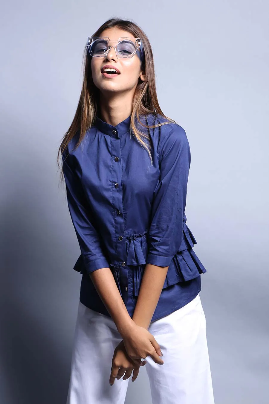 Blue Cotton Ruffled Shirt Top