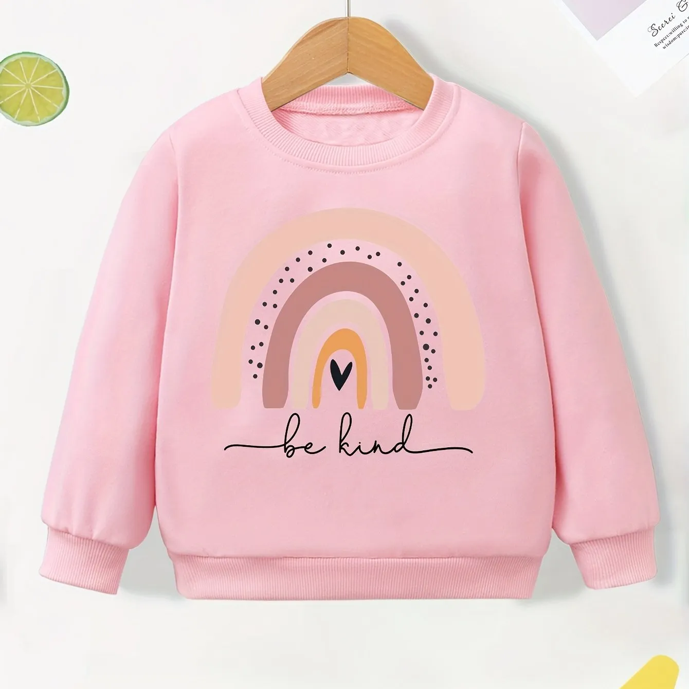 Casual, Cute Pullover Sweatshirt for Girls with "Be Kind" Rainbow Print**
