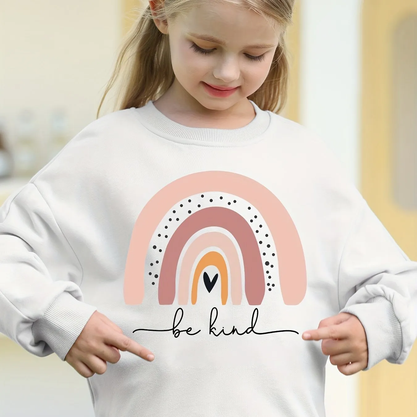 Casual, Cute Pullover Sweatshirt for Girls with "Be Kind" Rainbow Print**