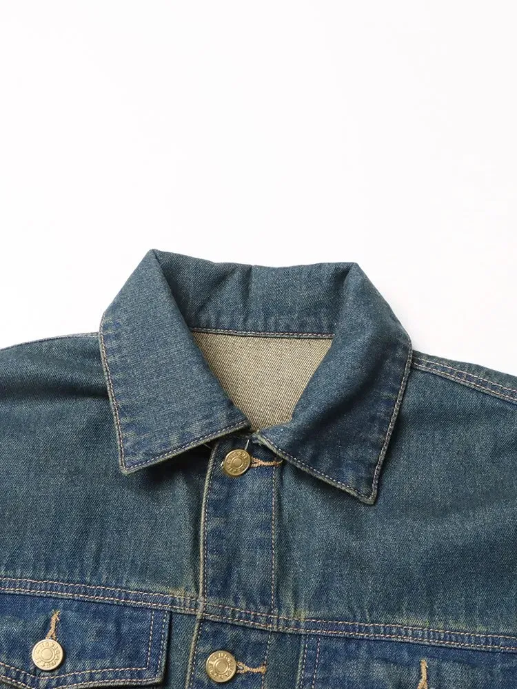 Denim Lapel Long Sleeve Patchwork Single Breasted Vintage Jacket