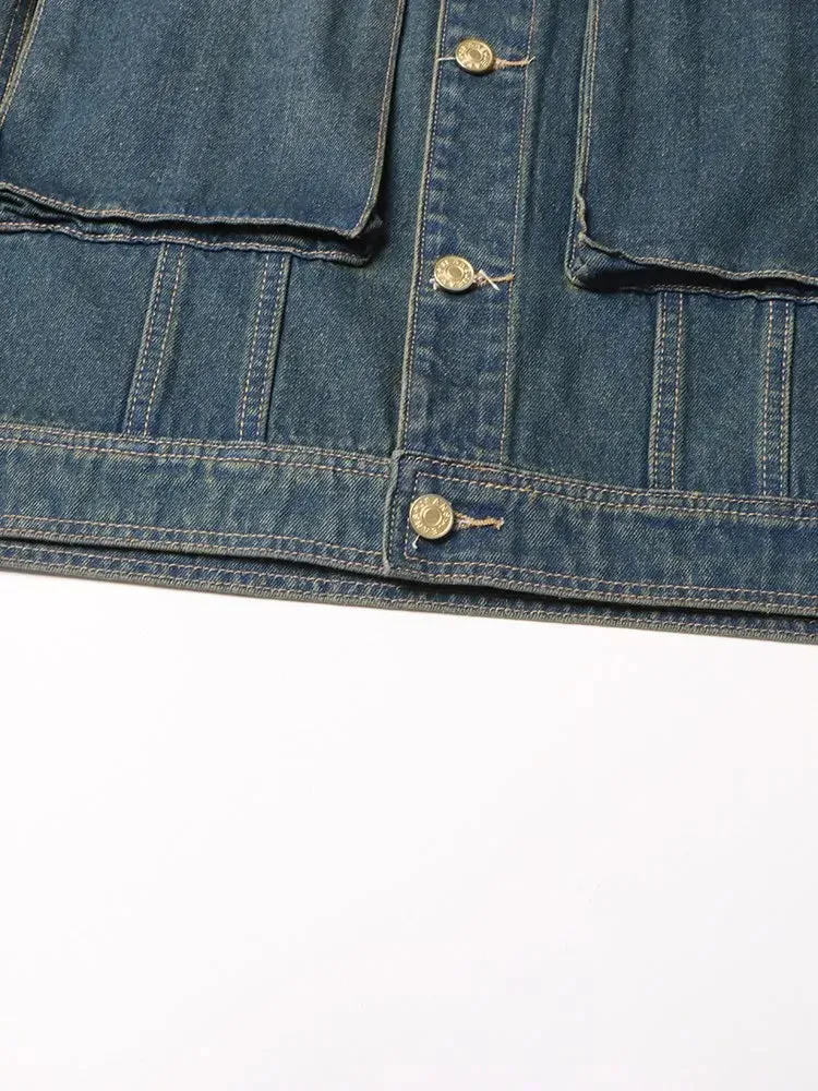 Denim Lapel Long Sleeve Patchwork Single Breasted Vintage Jacket