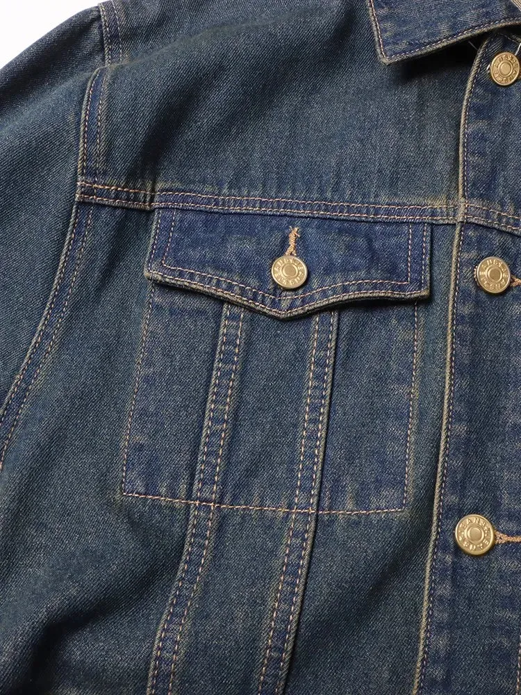 Denim Lapel Long Sleeve Patchwork Single Breasted Vintage Jacket