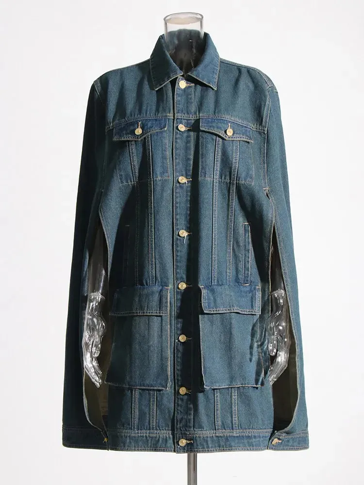 Denim Lapel Long Sleeve Patchwork Single Breasted Vintage Jacket