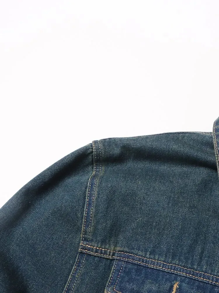 Denim Lapel Long Sleeve Patchwork Single Breasted Vintage Jacket