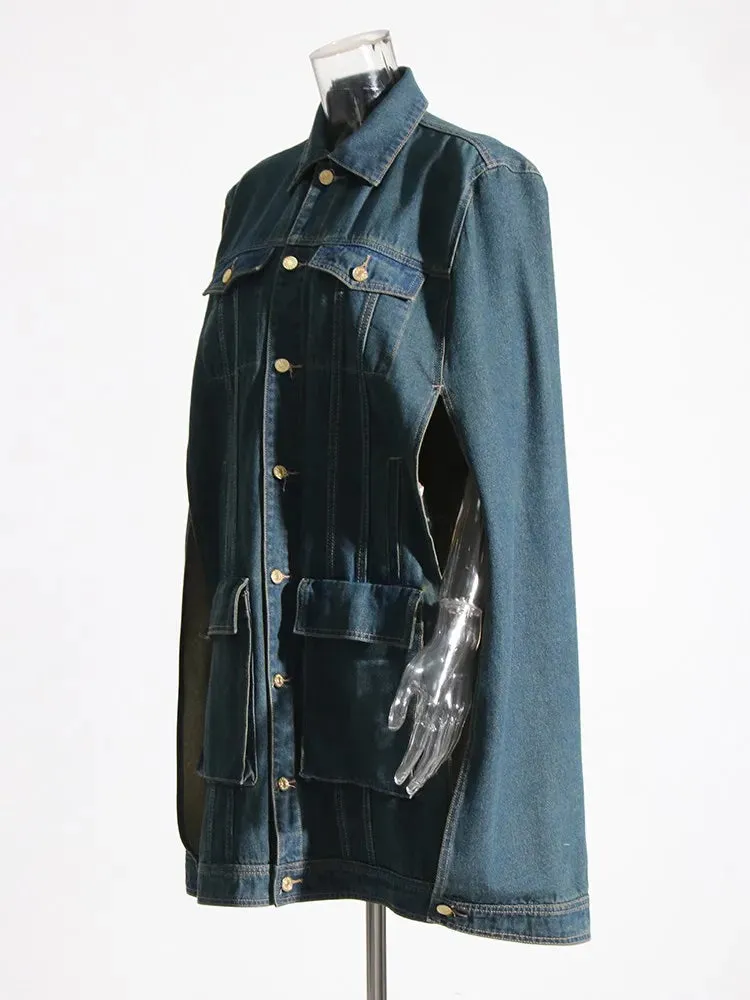 Denim Lapel Long Sleeve Patchwork Single Breasted Vintage Jacket