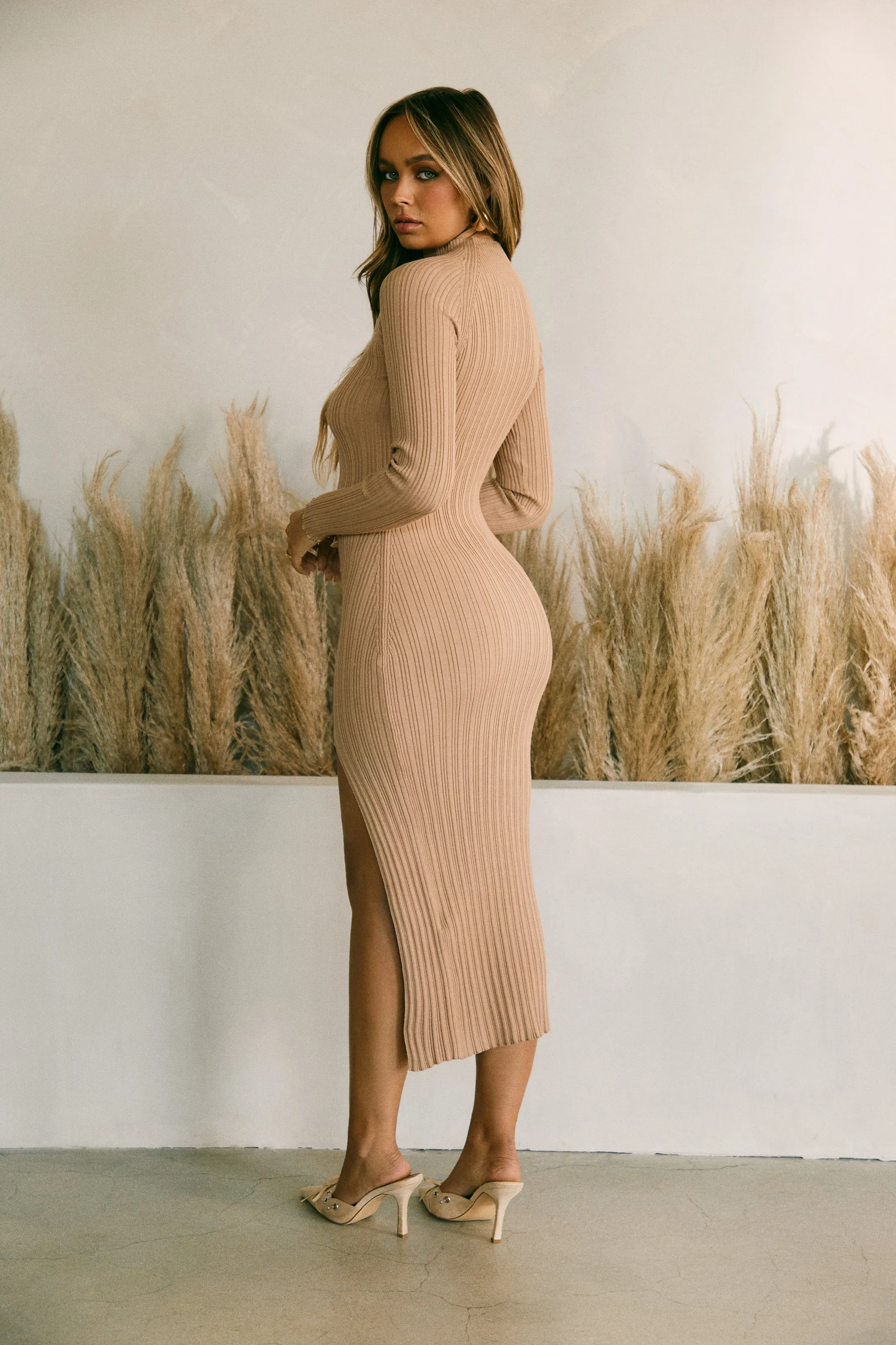 Dominique Long Sleeve Knit Midi Dress - Nude