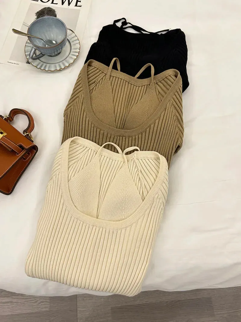 Fake Two-Piece Halter Beige Sweater T-shirt Women's Autumn 2023 New Long Sleeve Slim Tight Bottoming Sweater  C-059