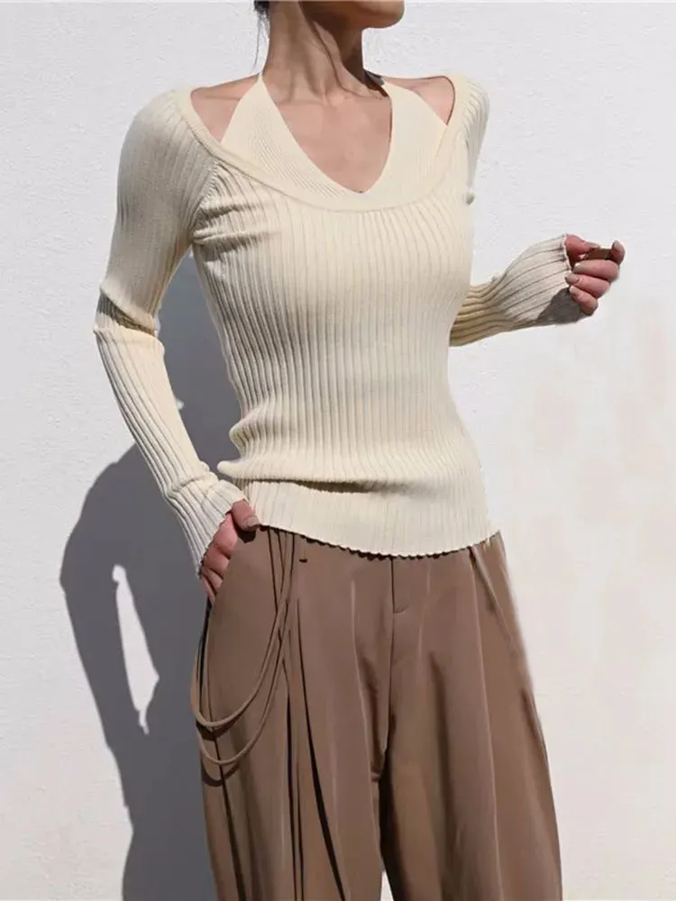 Fake Two-Piece Halter Beige Sweater T-shirt Women's Autumn 2023 New Long Sleeve Slim Tight Bottoming Sweater  C-059
