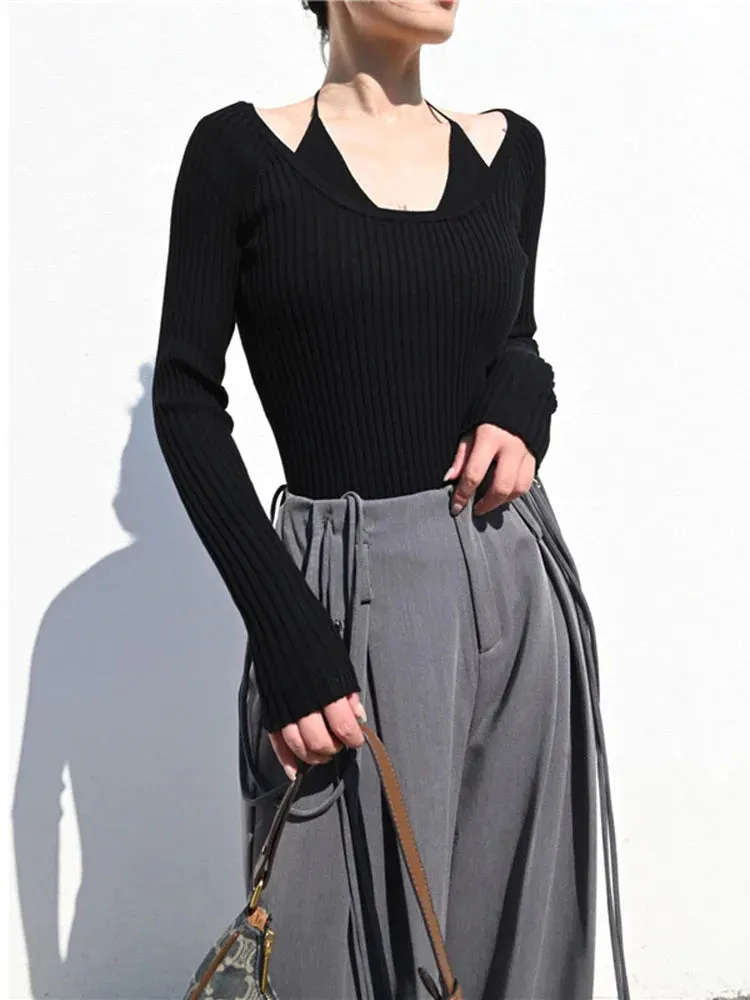 Fake Two-Piece Halter Beige Sweater T-shirt Women's Autumn 2023 New Long Sleeve Slim Tight Bottoming Sweater  C-059