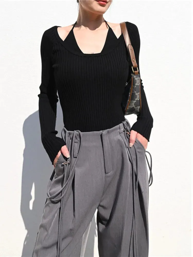 Fake Two-Piece Halter Beige Sweater T-shirt Women's Autumn 2023 New Long Sleeve Slim Tight Bottoming Sweater  C-059