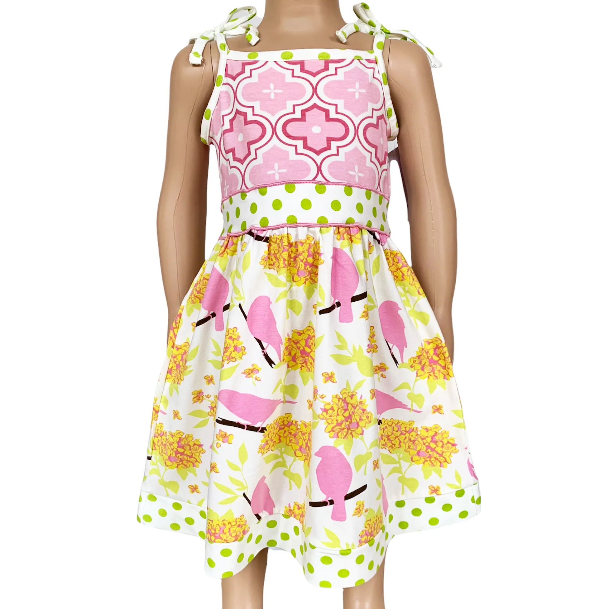 Girls Easter Dress Spring Birds and Pink Arabesque Cotton Knit
