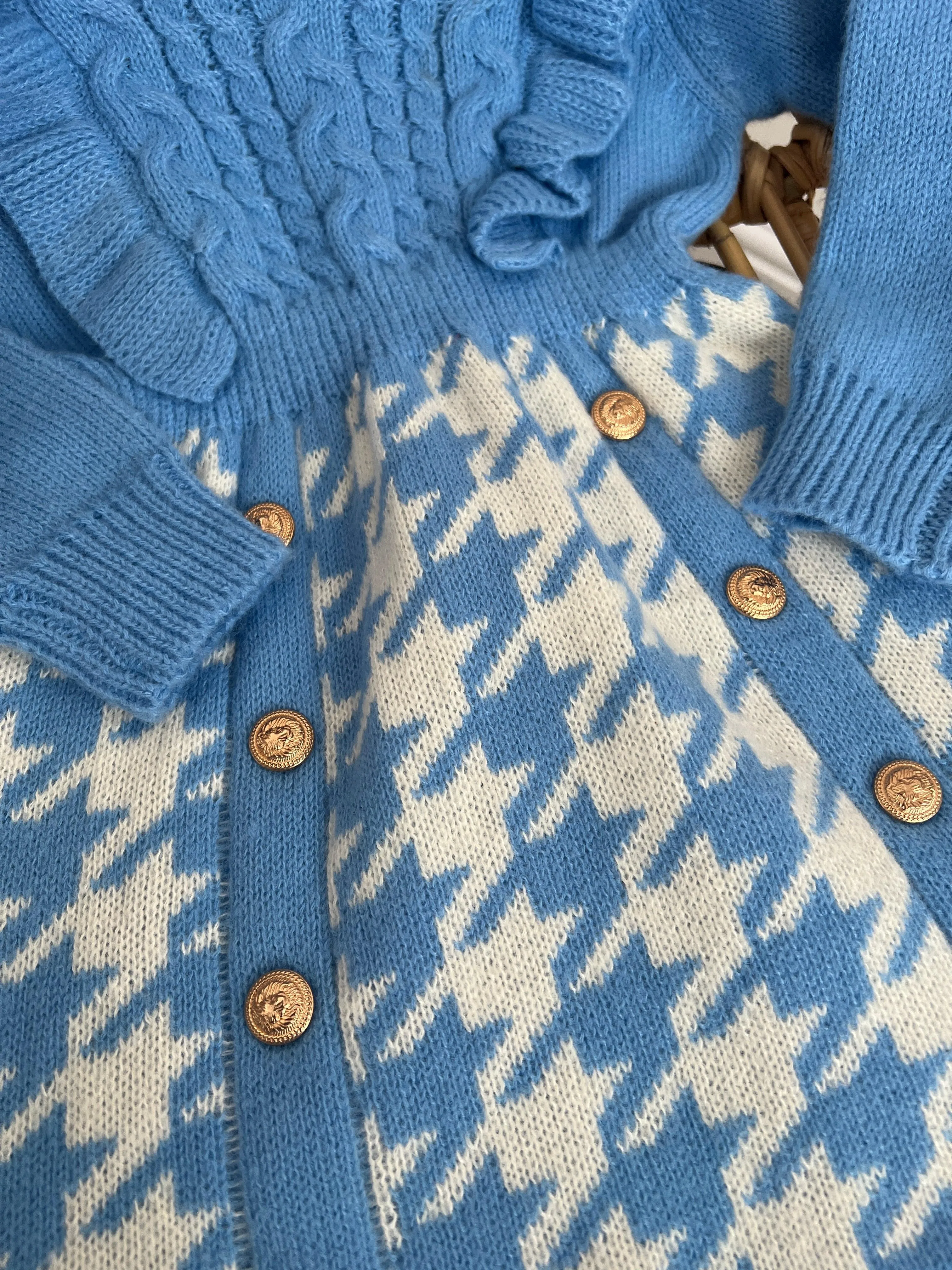 Girls houndstooth knit dress in blue