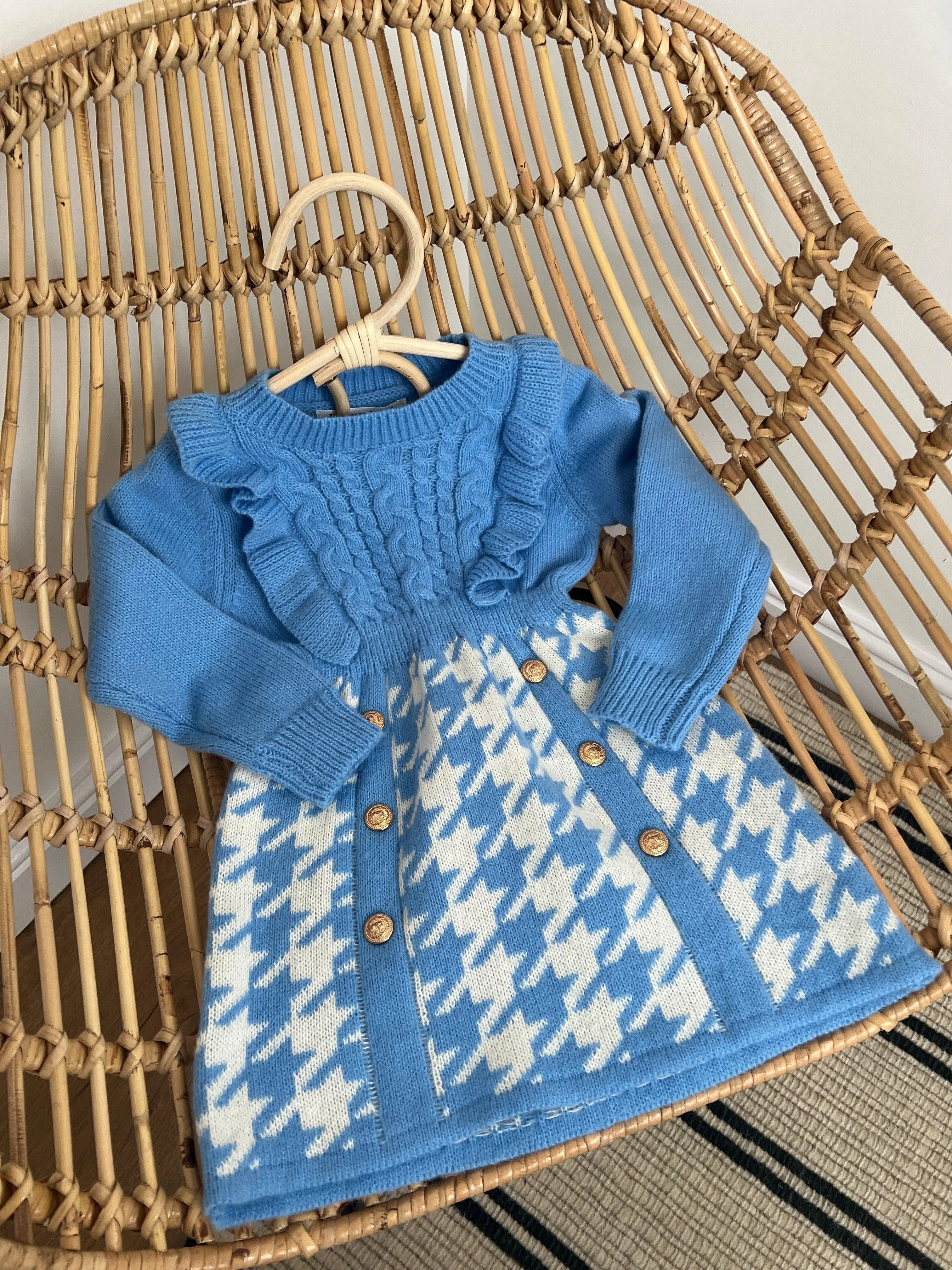 Girls houndstooth knit dress in blue