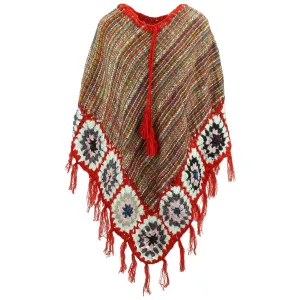 Granny Squares Crochet Poncho Long - Rainbow/Red