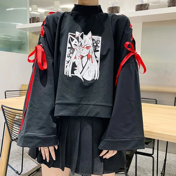 Harajuku Fox Girl Ribbon Sweatshirt - Stylish and Cozy