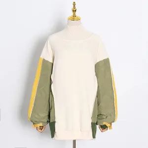 Hit Color Patchwork Loose Tops For Women Turtleneck Long Sleeve Casual Sweatshirt Female Fashion New Clothing Style