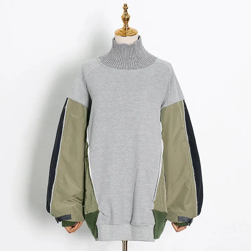 Hit Color Patchwork Loose Tops For Women Turtleneck Long Sleeve Casual Sweatshirt Female Fashion New Clothing Style