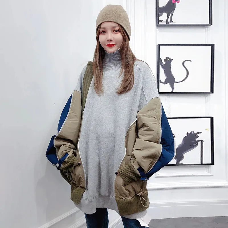 Hit Color Patchwork Loose Tops For Women Turtleneck Long Sleeve Casual Sweatshirt Female Fashion New Clothing Style