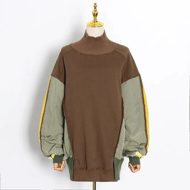 Hit Color Patchwork Loose Tops For Women Turtleneck Long Sleeve Casual Sweatshirt Female Fashion New Clothing Style
