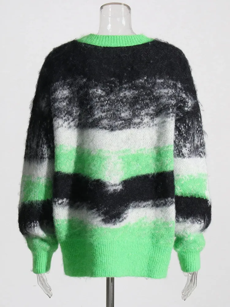 Hit Color Striped Loose Casual Sweaters For Women Round Neck Long Sleeve Streetwear Pullover Sweater Female Fashion