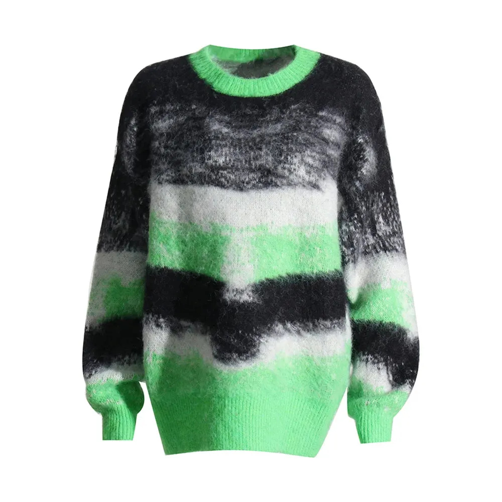 Hit Color Striped Loose Casual Sweaters For Women Round Neck Long Sleeve Streetwear Pullover Sweater Female Fashion