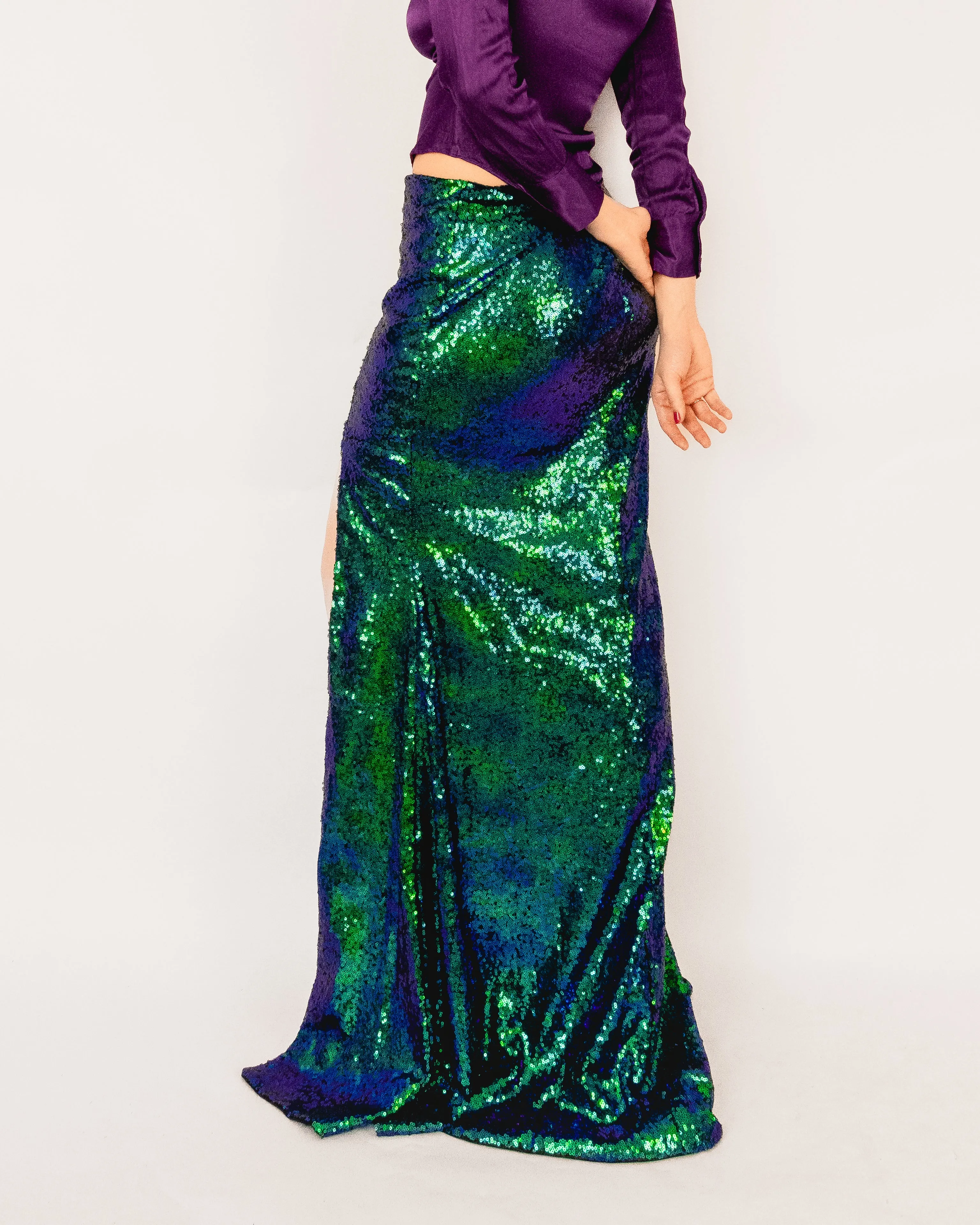 Iridescent Sequin Maxi Skirt with Slit Purple-Green