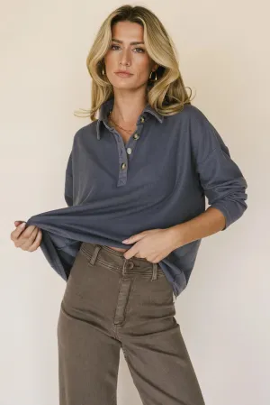 Isabelle Waffle Knit Henley Top in Blue - FINAL SALE