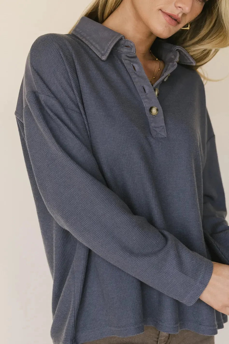Isabelle Waffle Knit Henley Top in Blue - FINAL SALE