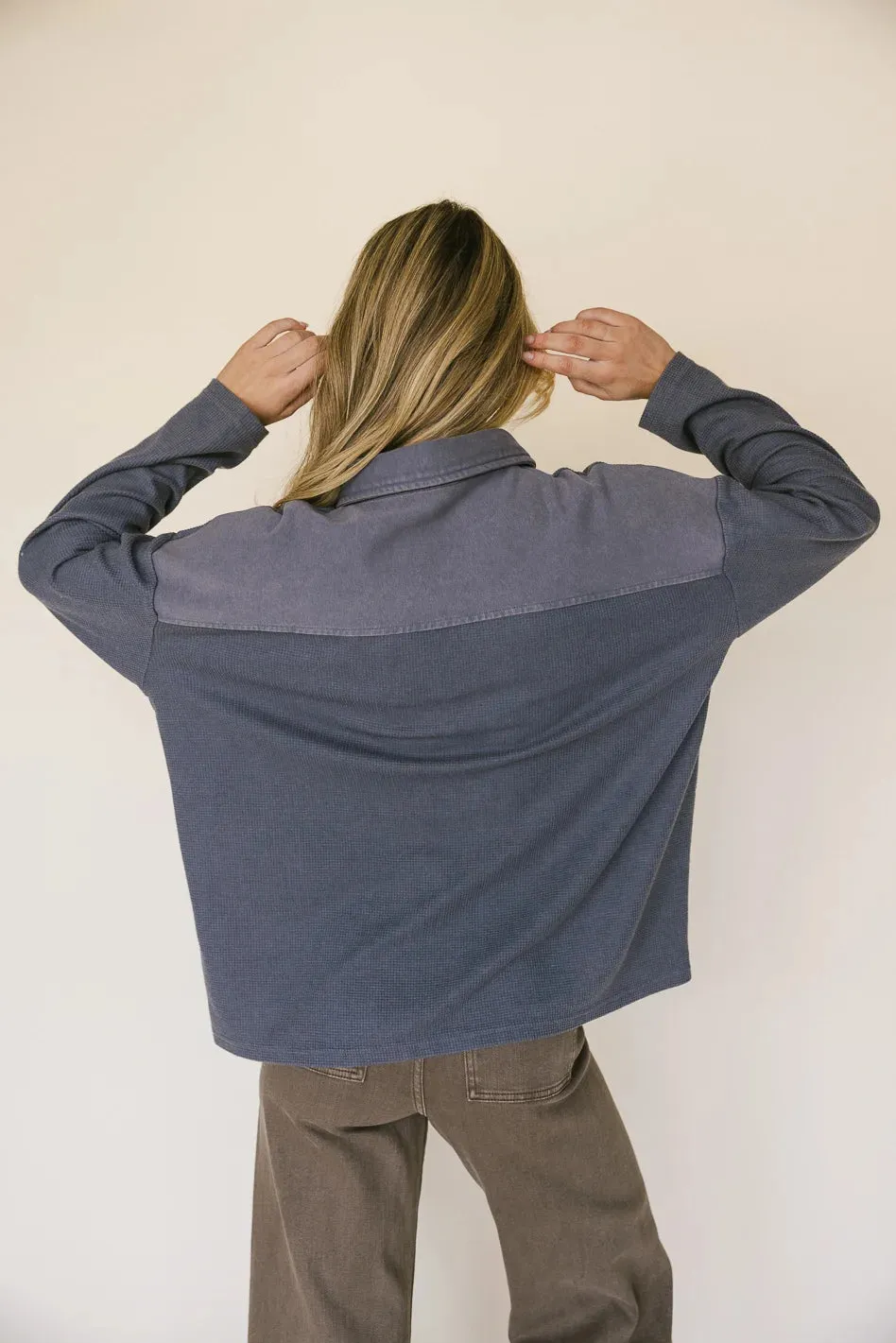 Isabelle Waffle Knit Henley Top in Blue - FINAL SALE