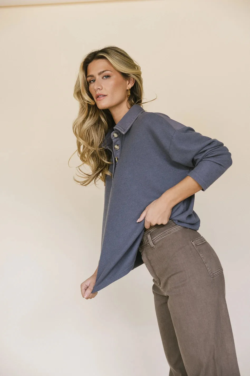 Isabelle Waffle Knit Henley Top in Blue - FINAL SALE