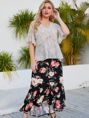 KittenAlarm - Plus size Elastic Waist Floral Skirt KittenAlarm - Plus size Elastic Waist Floral Skirt