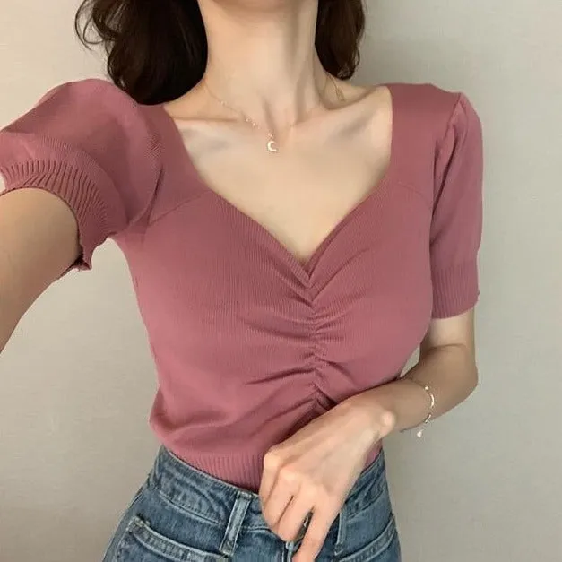 [Korean Style] Gisei Puff Sleeve Knit Top