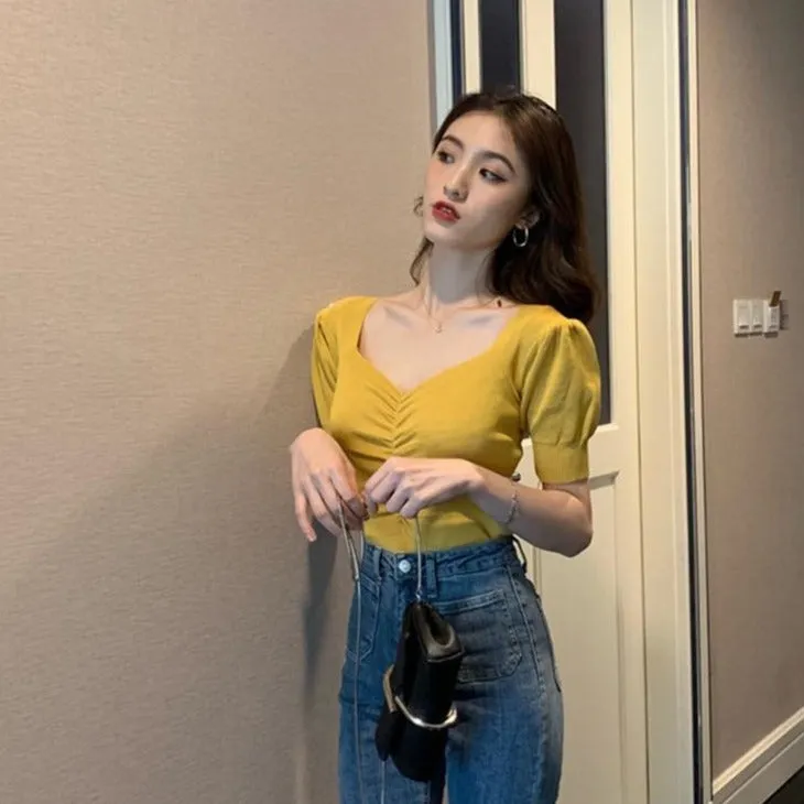 [Korean Style] Gisei Puff Sleeve Knit Top