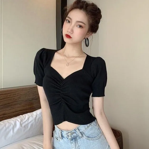 [Korean Style] Gisei Puff Sleeve Knit Top