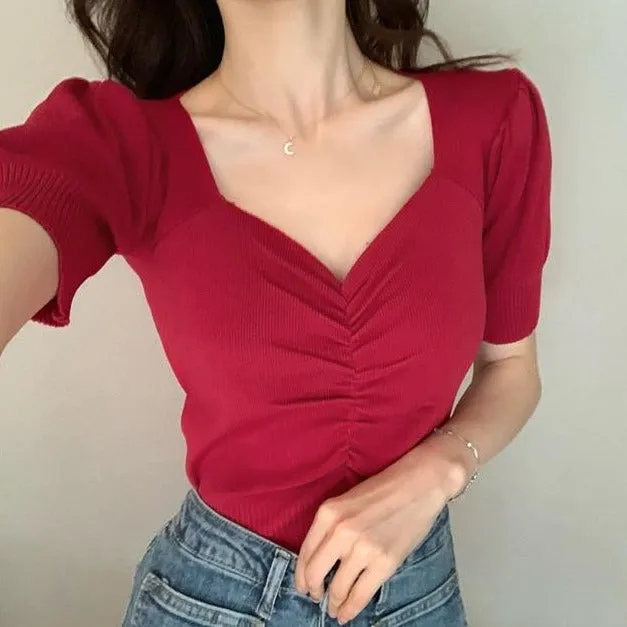 [Korean Style] Gisei Puff Sleeve Knit Top