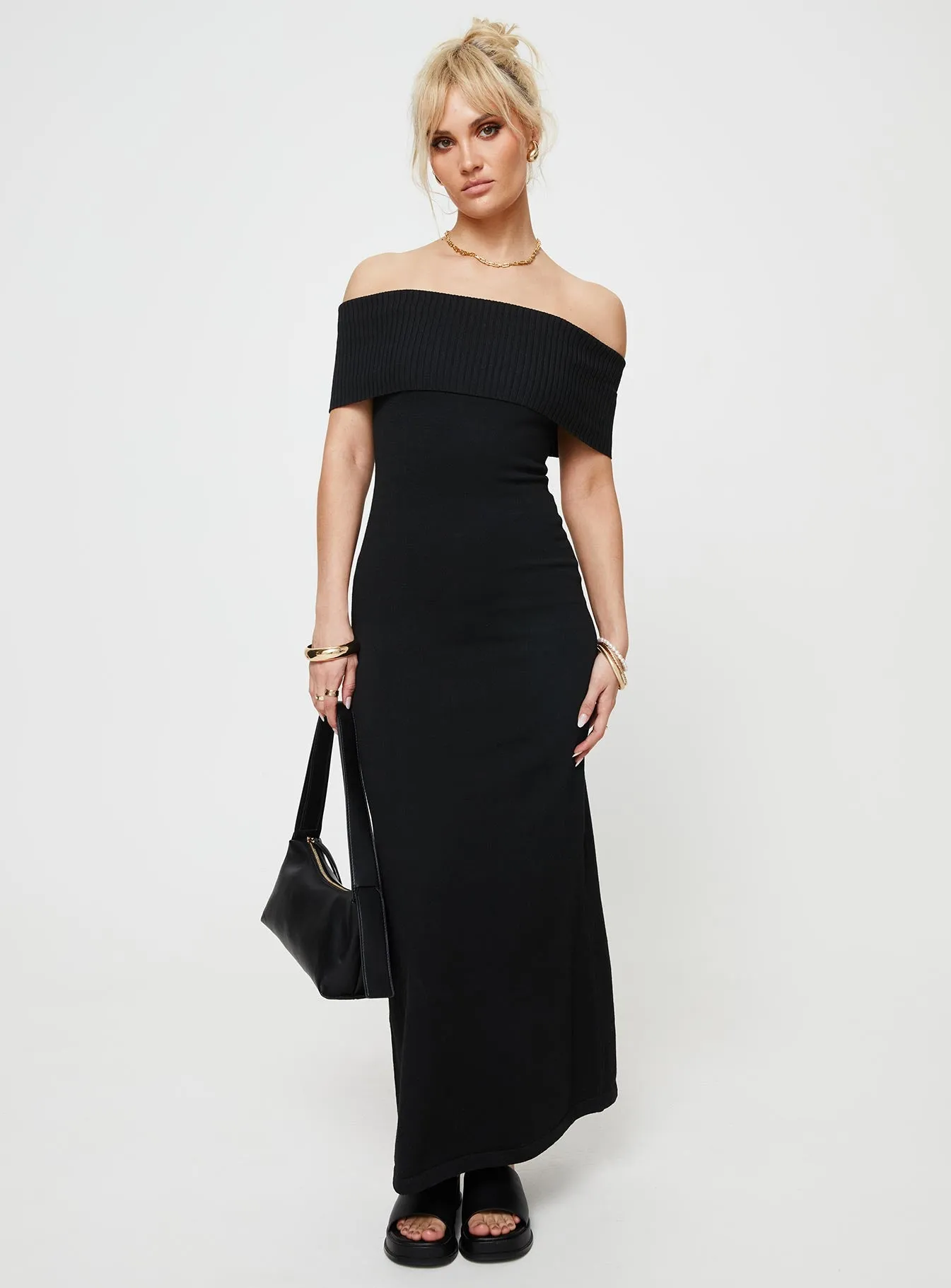 Lassey Off The Shoulder Knit Maxi Dress Black