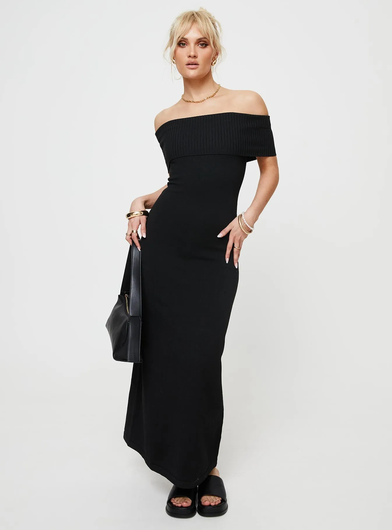 Lassey Off The Shoulder Knit Maxi Dress Black