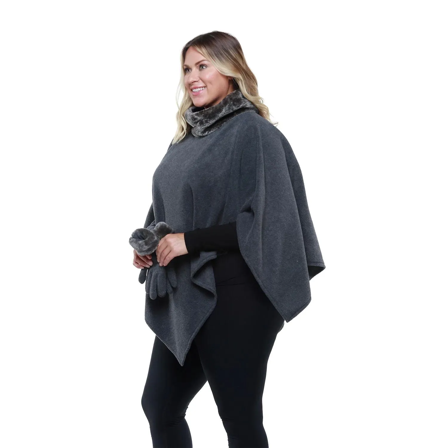 Linda Anderson Women's Fleece Poncho and Glove Set with Faux Fur Trim Linda Anderson