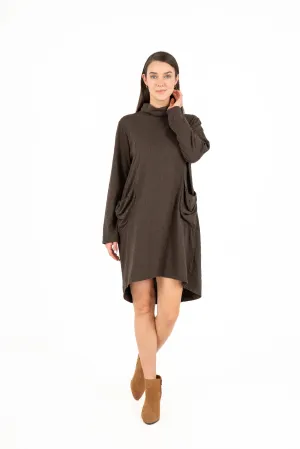 M Made in Italy – Turtle-Neck Dress With Scooped Hi/Low Hemline