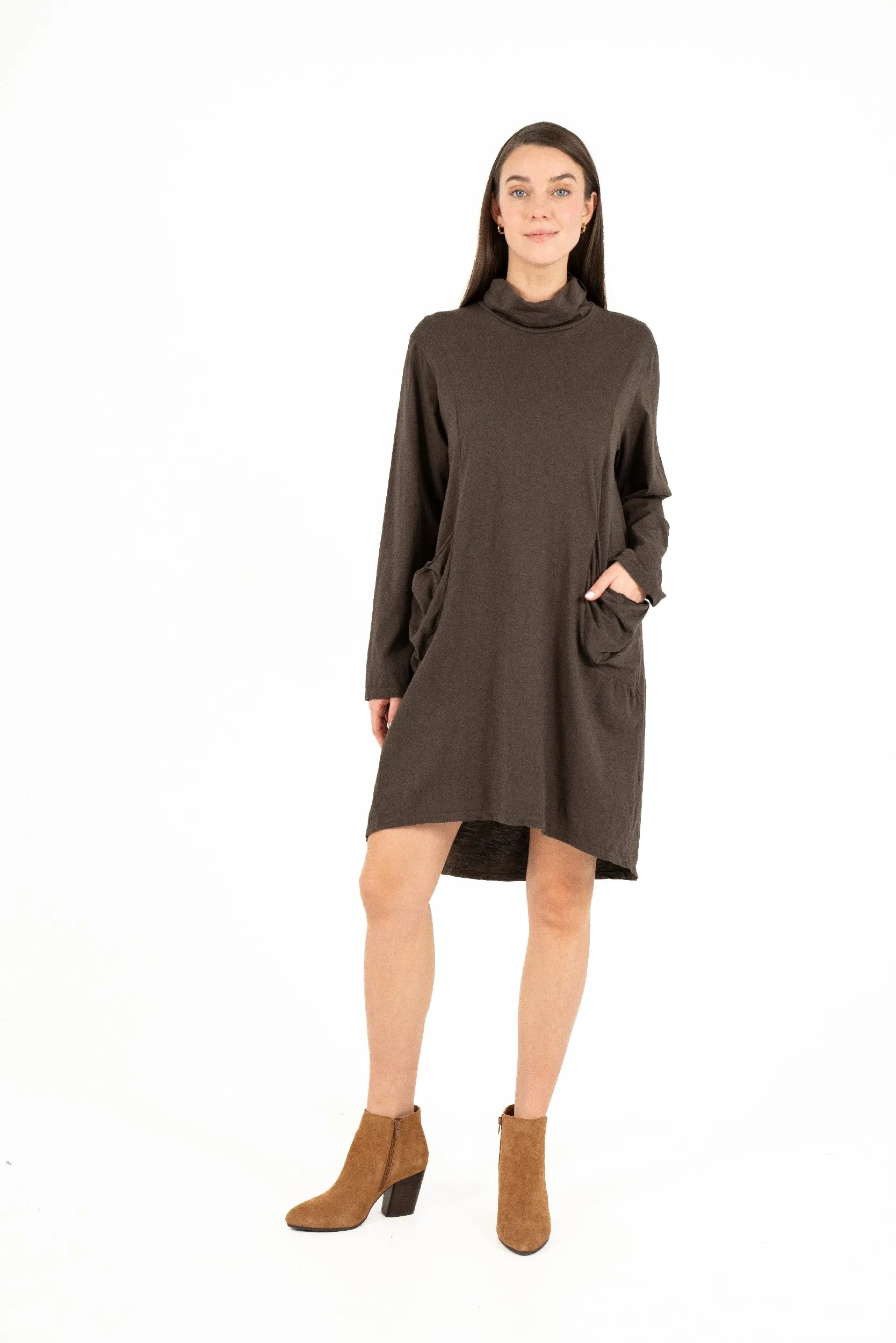 M Made in Italy – Turtle-Neck Dress With Scooped Hi/Low Hemline