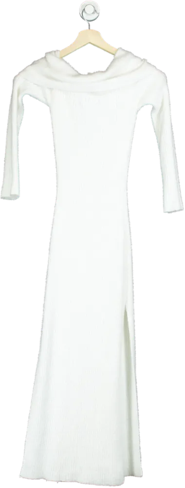 Misspap White Ribbed Knit Off-Shoulder Maxi Dress UK S