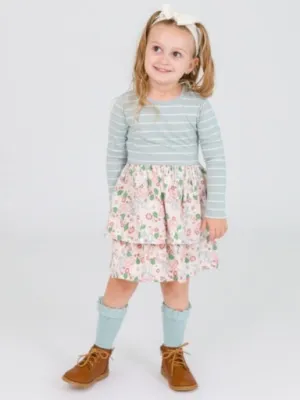 Mix-Print Tiered Dress - Cloud Blue Stripe/Blushing in Pink