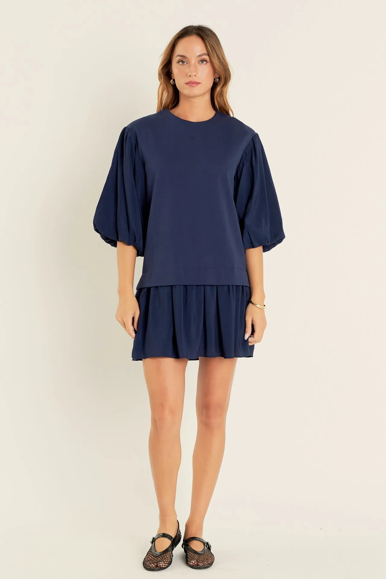 Mixed Media Blouson Mini Dress