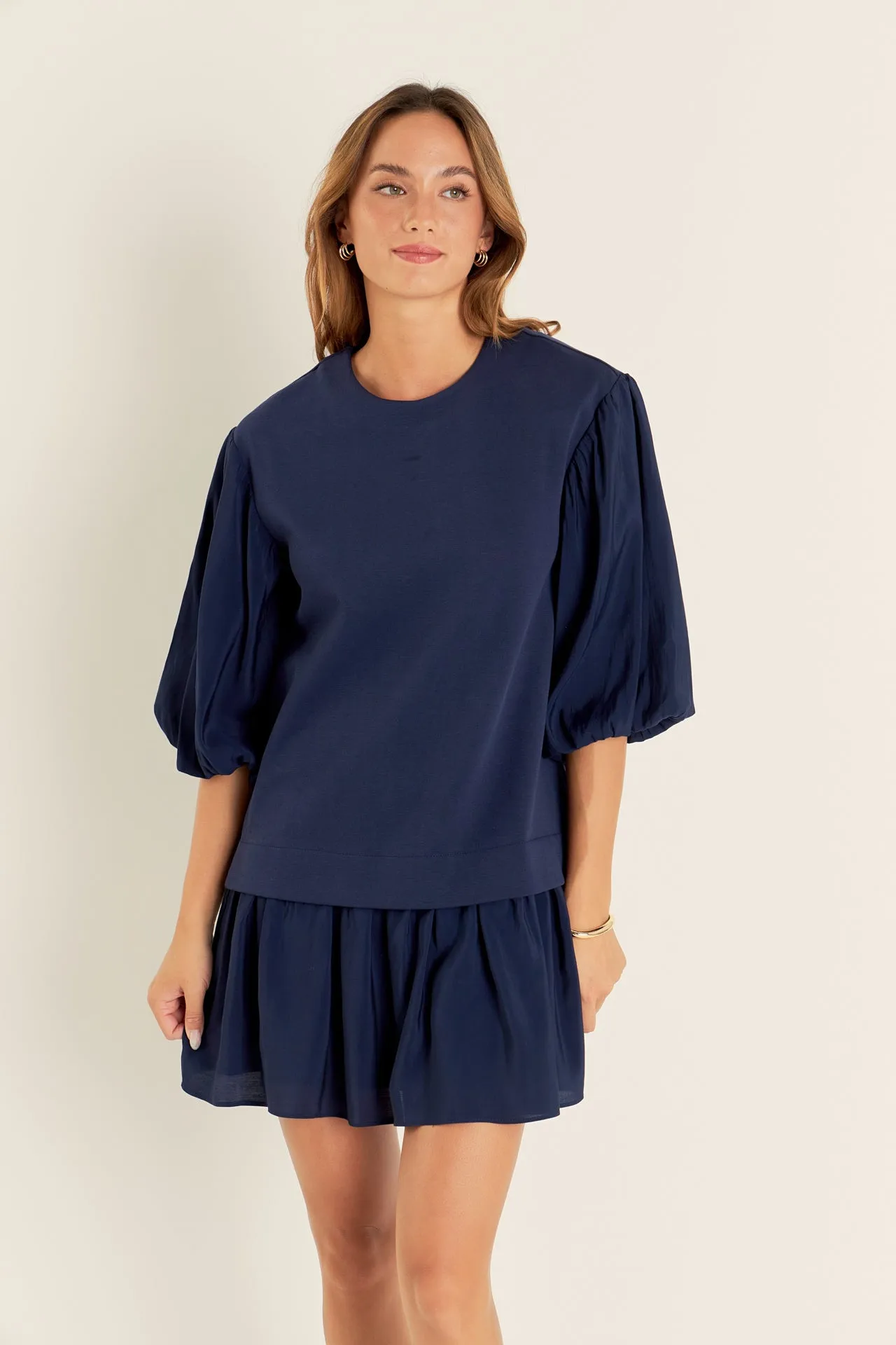 Mixed Media Blouson Mini Dress