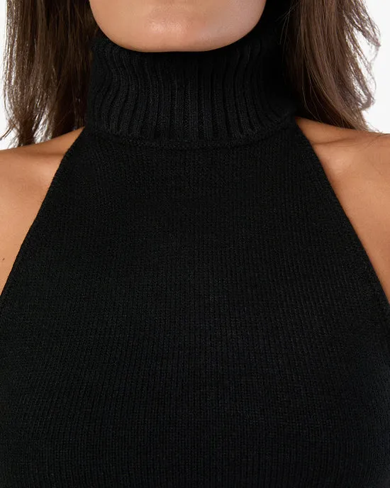 Open Back Halter Sweater Top Black